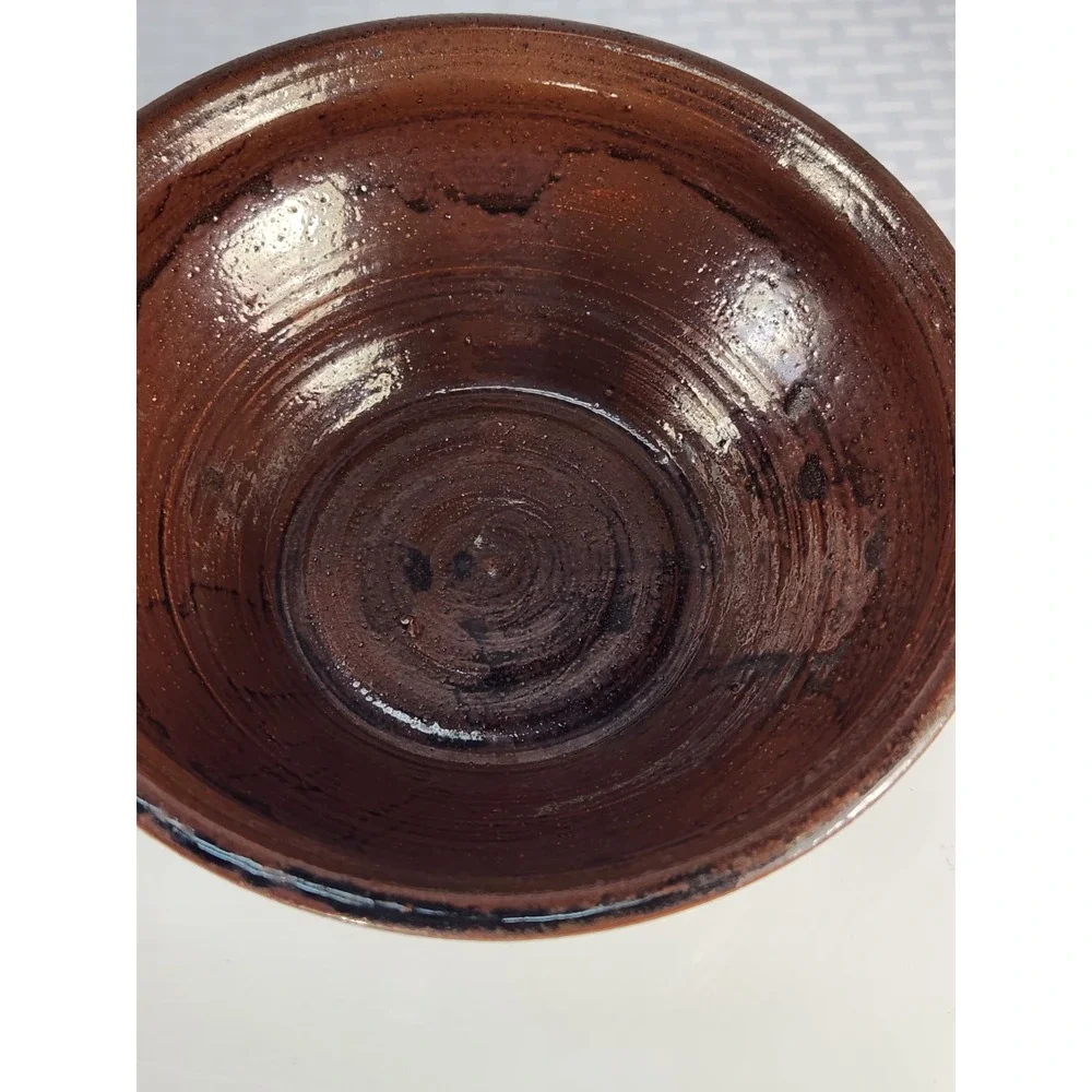 Vintage MCM Studio Art Pottery Bowl Signed GAREY Brown Tenmoku Glaze Footed 1970